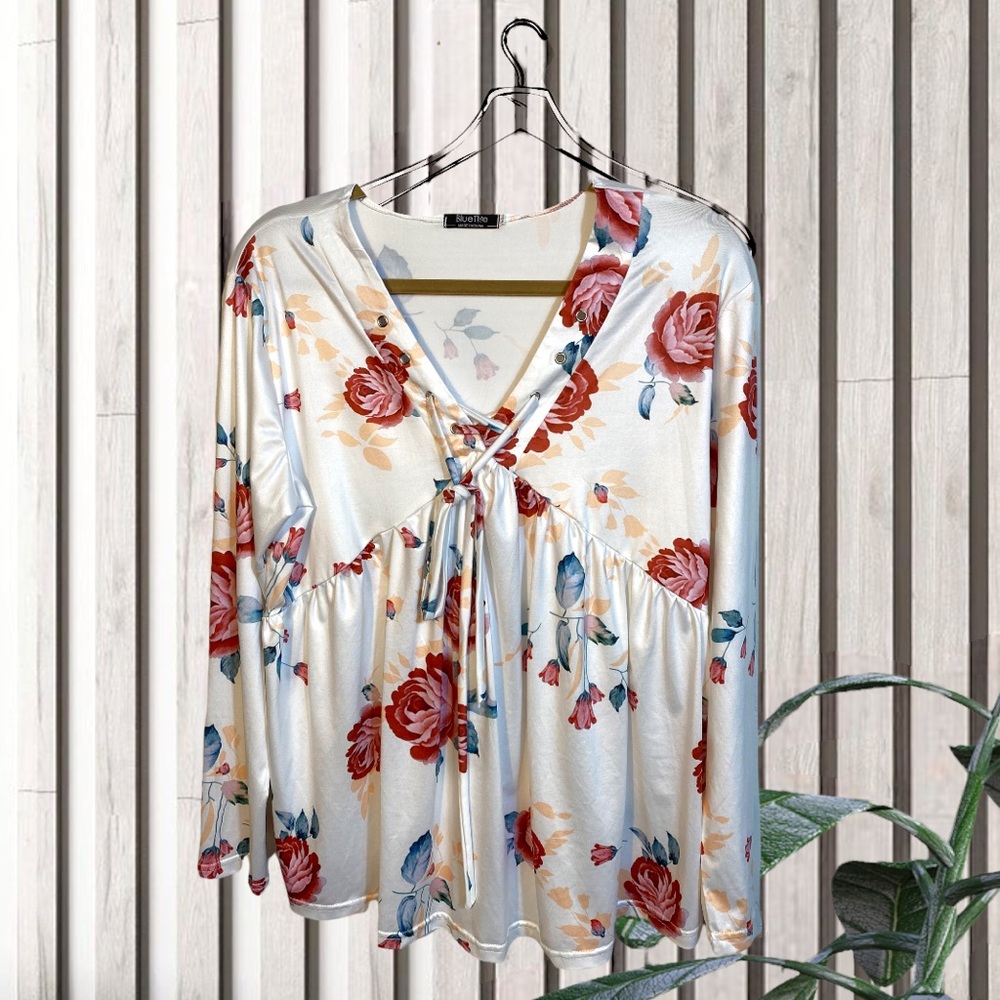 Blue Time womens floral top XL lace up neckline polyester machine wash NEW